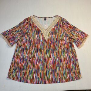 Emery Rose Women 2XL Tunic Multicolor Abstract Stripe Boho Blouse Lace Trim Top